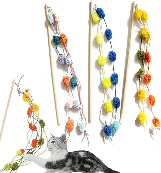 IUHKBH Cat Wands, 3 PCS Interactive Cat Teasing Stick with Vibrant Colours and Bell Plush Srtip Cat Toys Wooden Pole Cat Teaser Wand for All Breed Sizes