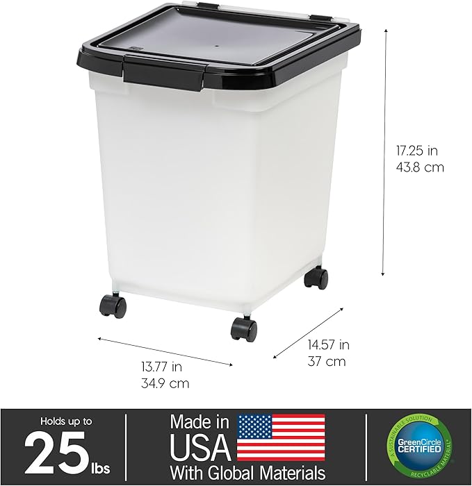 IRIS USA WeatherPro Airtight Dog Food Storage Container, Up to 25 lbs, Removable Wheels, for Dog Cat Bird and Other Pet Food Storage Bin, Keep Fresh, Translucent Body, Pearl/Black