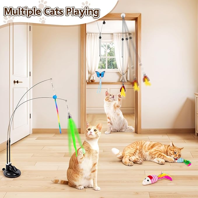HONGDDY Cat Toys, 14Pcs 4 in 1 Indoor Adult Cat Interactive Toys, Hanging Door Kitten Wand Toys with Suction Cup Removable Feathers Balls Mice Butterfly Streamers