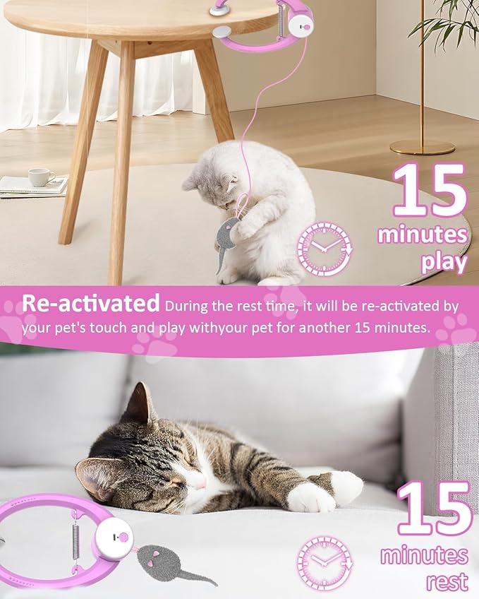 Cat Toy Interactive for Indoor Cats, Smart USB Rechargeable Door Hanging Automatic Retractable Kitten Toys, Teaser Electronic Self Play Feather Cat String Toys Attached with 3 Catnip Mice Pink