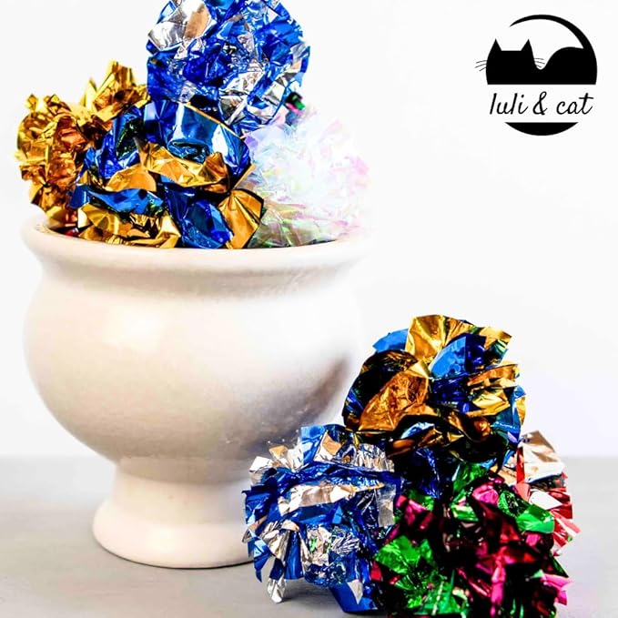 Luli & Cat 10-Pack Foil Crinkle Ball Toys - Interactive Cat Toys for Indoor Cats - Cat Ball Toy in Assorted Colors
