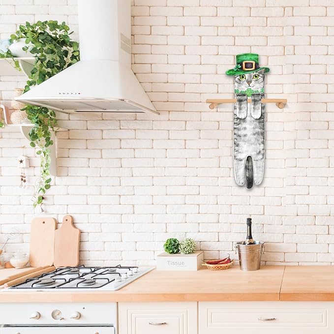 St Patrick Day Cat Hand Dish Towels- Shamrock Garland St Patricks Day Decorations Decor for Home Kitchen Bathroom-Mothers Day Housewarming Birthday Gifts for Women Cat Lovers