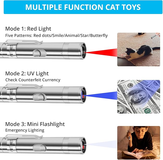 Cat Toys, Cat Toy Red Pointer for Indoor, Rechargeable, 5 Adjustable Patterns, 3 Modes Training Chaser Pet Toy Pointer, Interactive Pet Cat/Dog Toy for Cats Fun Playing Exercise