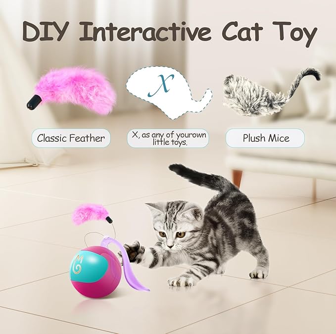 Migipaws Interactive Cat Ball Toy Set, Fun Tracker, Automatic Rolling Chase Ball with Fluffy Tail, A Small Mice, Rechargeable（Rose）