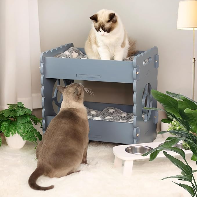Wooden Cat Bed,Elevated Cat Bed Furniture,Cat Bunk Beds for 2 Indoor Cats,Modern Cat Condo with Matress,Protect Cat's Hip Joint for All Seasons,Easy to Assemble(19.7“x15 x19.2,Grey)