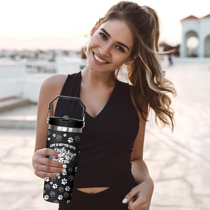 30 Oz Black Cat Tumbler with Handle and Straw, Insulated Cat Mugs for Cat Lovers, Double Wall Stainless Steel Black Cat Mug, Cat Mom Mug or Cat Dad Mug and Cat Cups Gifts for Cat Lovers for Women