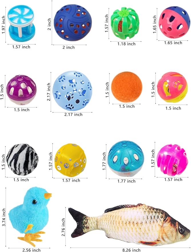 Cat Toys, 19pc Set for Indoor Cats and Kittens, Fuzzy Balls, Jingle Bells, Wind-Up Chick, Catnip Fish, Fun Interactive Play
