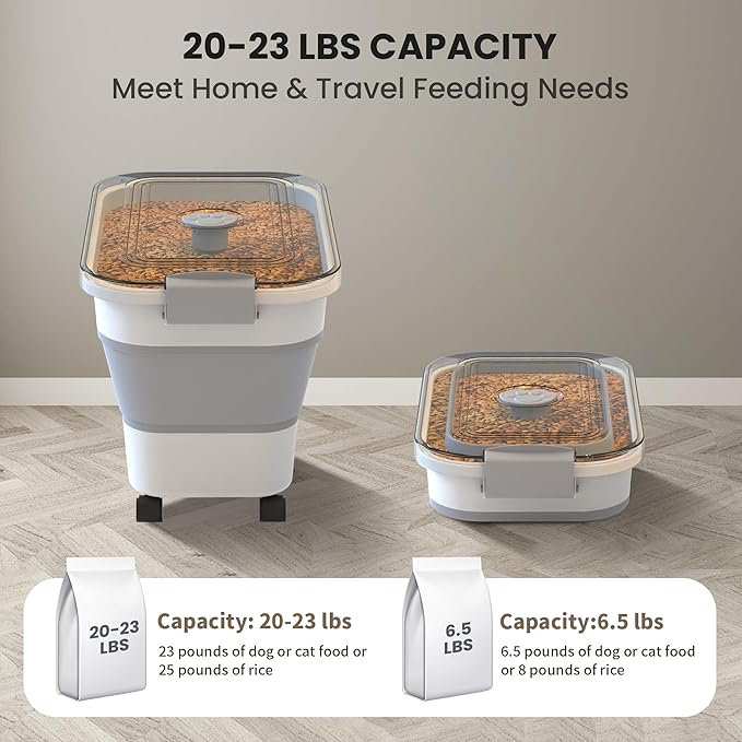 20-23 Lbs Dog Food Storage Container, Collapsible Dog Food Container with Transparent Airtight Lid,Multifunctional Pet Food Storage Container for Dog Cat,Rice,Flour,Pet Food Scoop and Dog Bowl