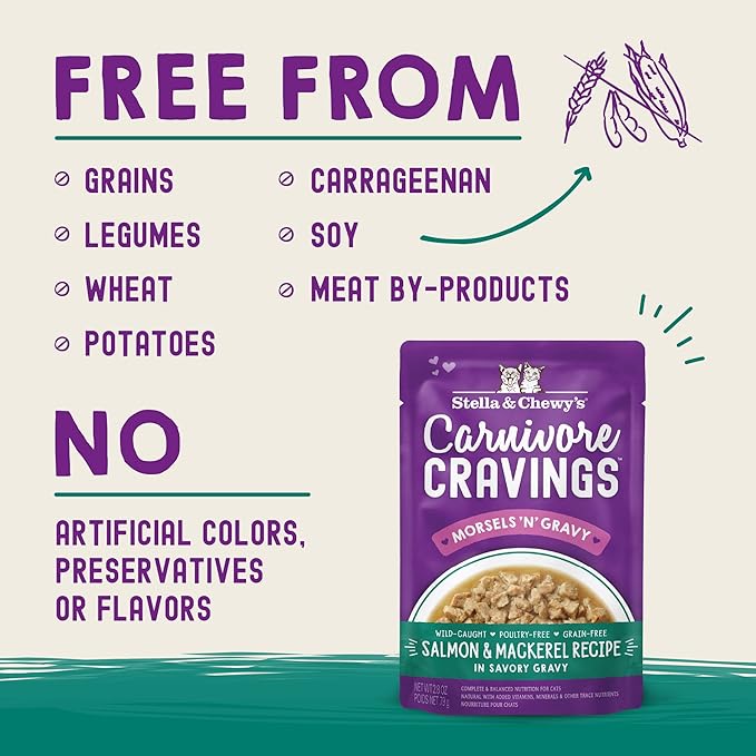 Stella & Chewy’s Carnivore Cravings Morsels & Gravy Salmon & Mackerel Recipe Wet Cat Food Pouches – (2.8 Ounce Pouch, Case of 12)