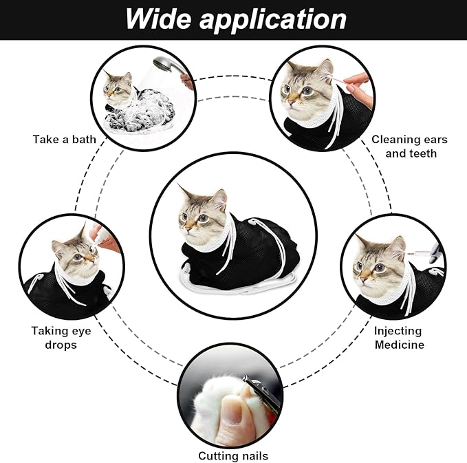 Cat Bathing Bag, Breathable Mesh Cat Shower Bag Anti Scratch Adjustable Cat Grooming Bag for Nail Trimming, Bathing Polyester Soft Cat Washing Bag (White- Black)