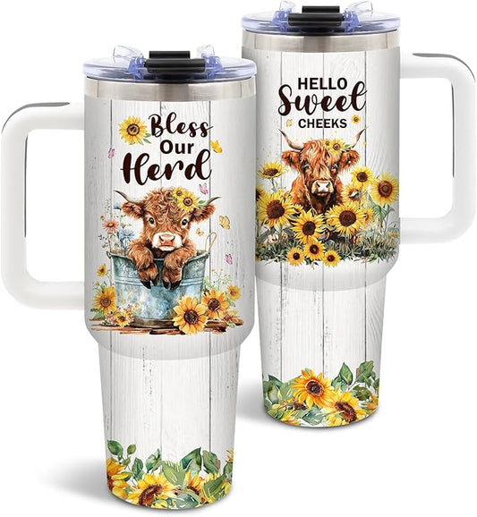 Highland Cow Gift, Cute Tumbler for Women, Highland Cow Decor, Birthday Gifts for Cows Lovers, Sunflower Cows Print Gift Idea, 40 Oz Tumbler with Handle