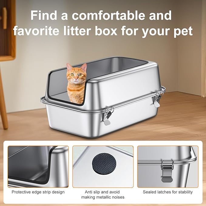 12" Deep Stainless Steel Cat Litter Box with Lid,XL Enclosed Cat Litter Box,Metal Litter Box Easy to Clean,Non-Stick Kitty Litter Box,Non-Stick Bottom & Includes Litter Mat & Metal Scoop