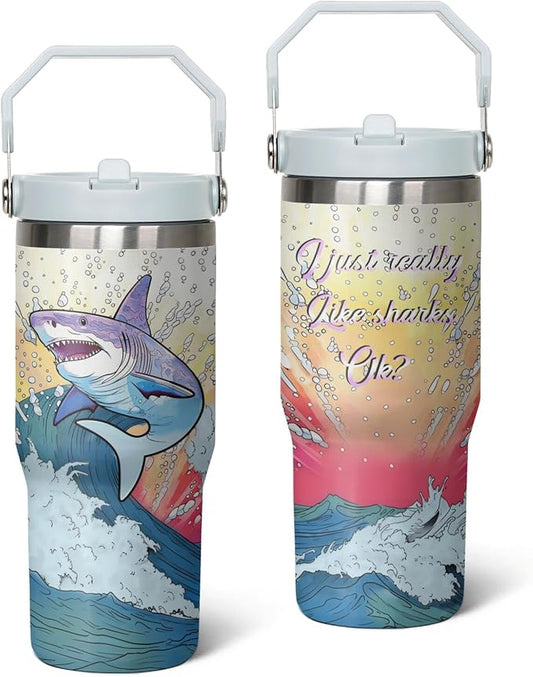 30 Oz Shark Tumbler with Handle and Straw, Insulated Shark Cups with Straws, Double Wall Stainless Steel Shark Mug, 30 Oz Leak Proof Shark Coffee Mug and Shark Tumbler for Adults Gifts