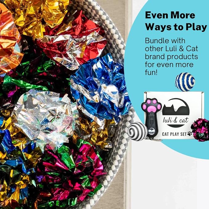 Luli & Cat 10-Pack Foil Crinkle Ball Toys - Interactive Cat Toys for Indoor Cats - Cat Ball Toy in Assorted Colors