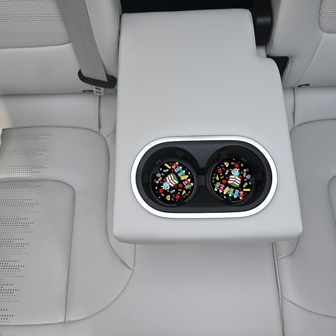 2 Pack Ceramic Cup Holders,Owl and Pencil Pattern Car Coasters Set for Women/Men,2.56" Cup Car Holder Coasters,with A Finger Notch,2.56" Ceramic Stone & Cork Base Drink Coasters.