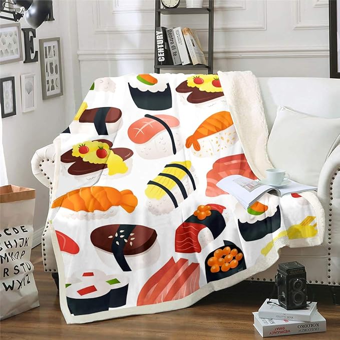 Cartoon Sushi Sherpa Blanket Sushi Pattern Plush Blanket Japanese-Style Fleece Throw Blanket for Sofa Couch Bed Cute Japanese Sashimi Rice Ball Fuzzy Blanket Ultra Soft Room Decor Queen 90x90 Inch