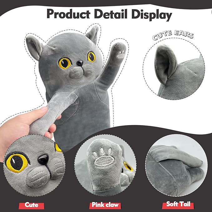 Long Cat Plush Pillow, 43.3in Cute Gray Cat Plushie Stuffed Animals Body Pillow, Kawaii Kitten Soft Plushie Doll Toy Birthday Gift for Kids Girlfriend