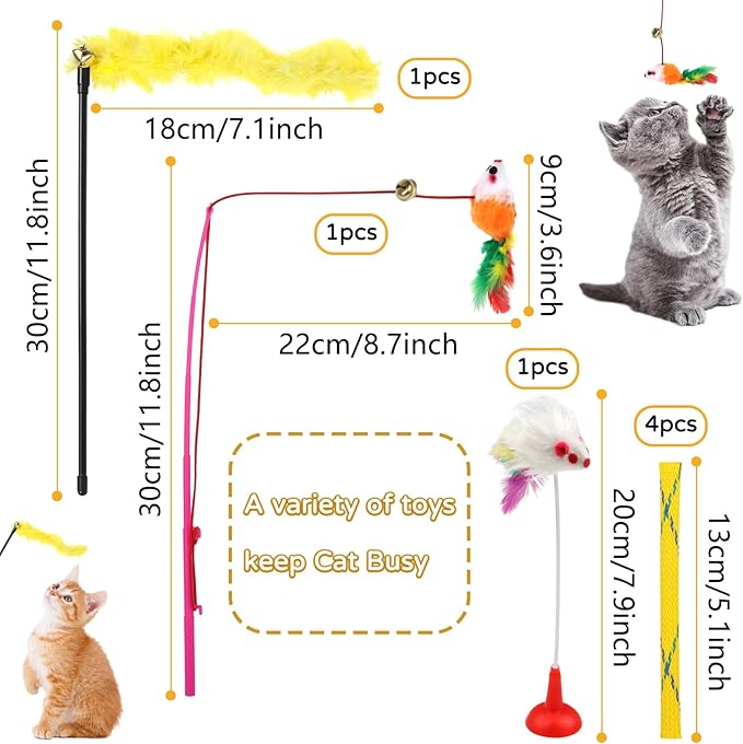 Cat Toys Kitten Toys Assortments, 32 Packs Interactive Cat Toy Variety Pack for Kitty, Cat Wand Toy, Cat Crinkle Balls Bell Balls with Bells, Cat Spring Toy, Catnip Toys for Indoor Cats Kitten