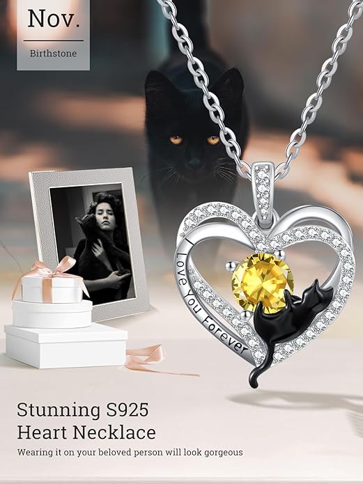 Birthstone Cat Necklaces,925 Sterling Silver Cat Necklace Heart Pendant for Women,Dainty Animal Jewelry for Her,Wedding Anniversary Birthday Gifts for Women Mom Grandma