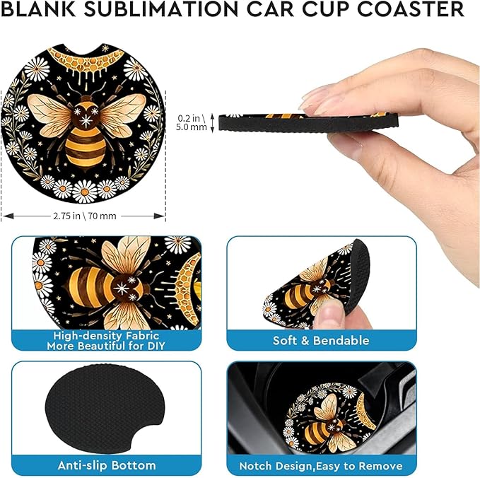 Car Coasters for Cup Holders,2 Pack Bee Car Cup Holder Coasters,2.75" Universal Size Anti Slip Rubber Mat,Automotive Cup Holder Decal Decor Accessories,Bee Gifts for Women,Men,Mom