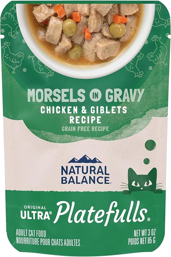Natural Balance Original Ultra Platefulls Adult Grain Free Wet Cat Food Salmon, Chicken & Giblets Formula in Gravy, 3 Ounce Pouch (Pack of 24)