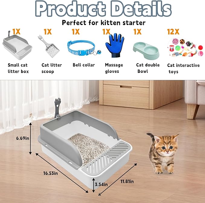 BNOSDM Sifting Litter Box Open Cat Litter Box with High Sides Detachable Kitten Toilet Semi-Enclosed Litter Tray Pan with 16 Piece Kitten Starter Kit for Small Cat Kitty, Orange
