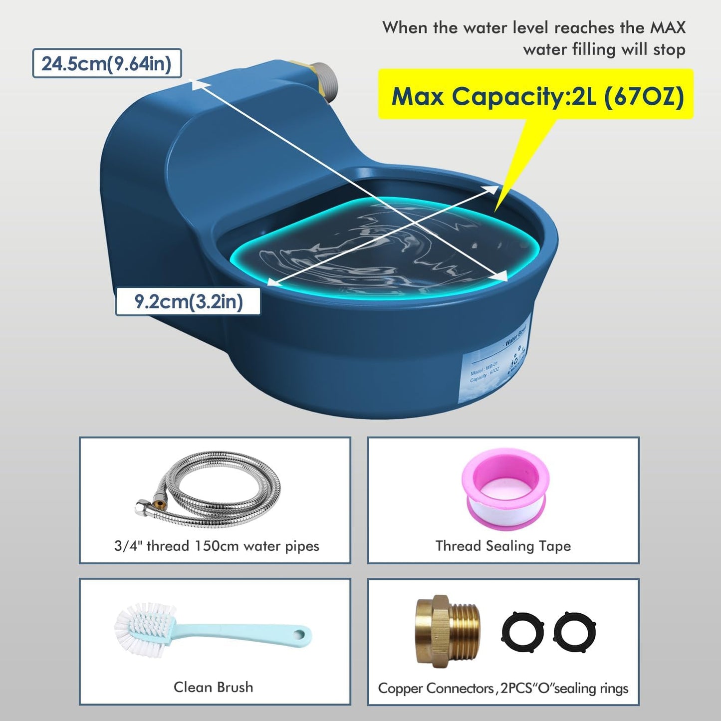 Automatic Dog Water Bowl Dispenser, Patented Automatic 2L Water Dispenser for Dogs, Chicken Waterer Bowl Fit 3/4''GHT Faucet, Water Hose Copper Connector Outdoor Dog Water Bowl for Livestock