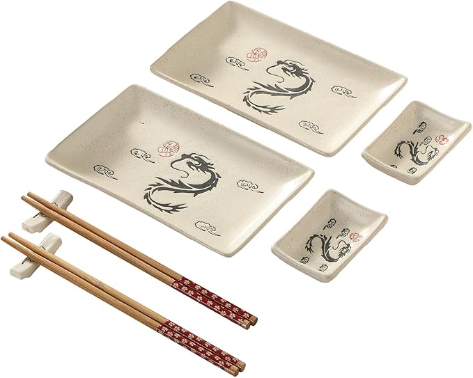 8 pcs Japanese Sushi Plate Sets Serving Platters and Trays for Entertaining Sushi Dishes Set Plates Sushi Plates Traditional Cuisine Dinnerware Sets with Chopsticks Dragon