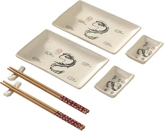 8 pcs Japanese Sushi Plate Sets Serving Platters and Trays for Entertaining Sushi Dishes Set Plates Sushi Plates Traditional Cuisine Dinnerware Sets with Chopsticks Dragon