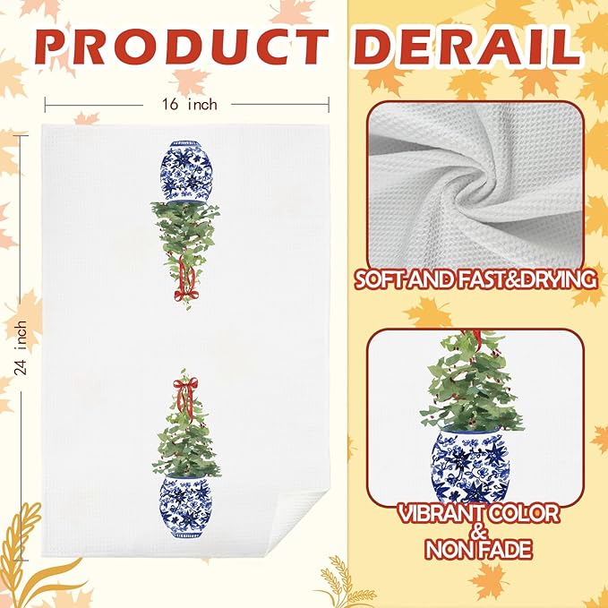 SPBL&L Christmas Kitchen & Bath Towels, Blue & White Chinoiserie Christmas Tree Hand Towels, 16x24 Inch