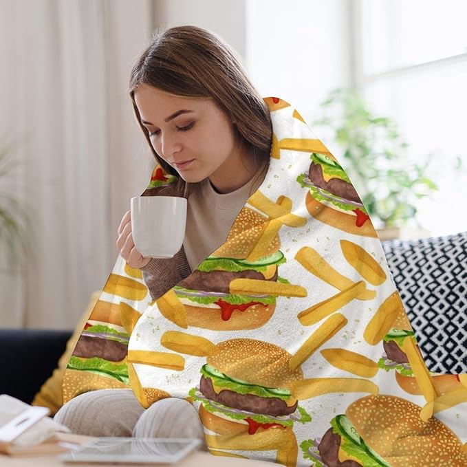 Hamburger French Fries Throw Blanket Burgers Food Funny Cute Meat Print Blankets Gifts Couch Sofa Bed Stuff Decor Soft Cozy Lightweight Fleece Plush Flannel Bedding for Lover Men Women Adults 40"x50"