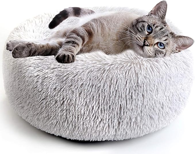 Round Donut Cat and Dog Cushion Bed, Pet Bed for Cats or Small Dogs, Anti-Slip & Water-Resistant Bottom, Super Soft Durable Fabric Pet Beds, Washable Luxury Cat & Dog Bed Light Grey 19.7'