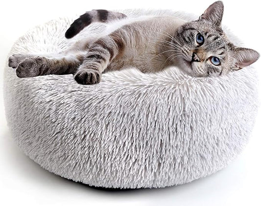 Round Donut Cat and Dog Cushion Bed, Pet Bed for Cats or Small Dogs, Anti-Slip & Water-Resistant Bottom, Super Soft Durable Fabric Pet Beds, Washable Luxury Cat & Dog Bed Light Grey 19.7'