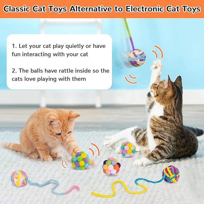 Retro Shaw Interactive Cat Toys for Indoor Cats Kittens,6 Pcs Cat Toy Balls with Bell Inside,Woolen Yarn Ball Kitten Toys for Bored Cats Pastime,Kitty Toys Fuzzy Ball with String