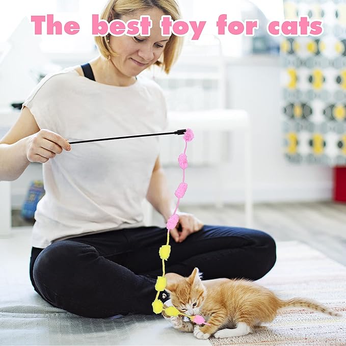 cobee Cat String Toys, 3 Pack Interactive Cat Teaser Wand String Toys Colorful Ribbon with Furry Plush Balls for Kittens Stick Cat Toys for Indoor, Cats to Play Chase Exercise