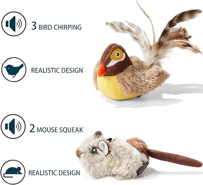 2 Pack Cat Toys Interactive for Indoor Cats Feather Squeaky Bird & Mouse Kitten Plush Toys, Three Dogs & A Cat Melody Chaser Motion Activated Kitty Toys with Bird Chirping