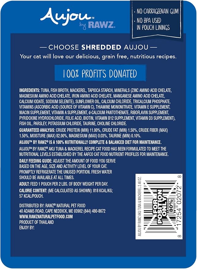 Rawz Aujou Aku Tuna & Mackerel Cat Food 8/2.46 oz Pouches