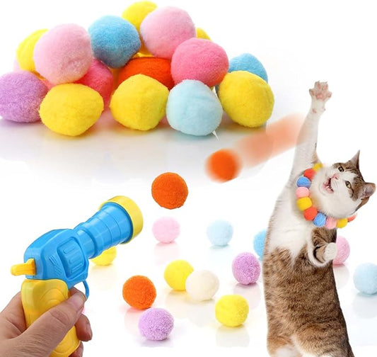 AIERSA Cat Toy Ball Launcher Gun,Cat Fetch Toy Gun Shooter, Plush Ball Shooting Gun with 20Pcs Pom Pom Balls, Toys Interactive for Indoor Cats
