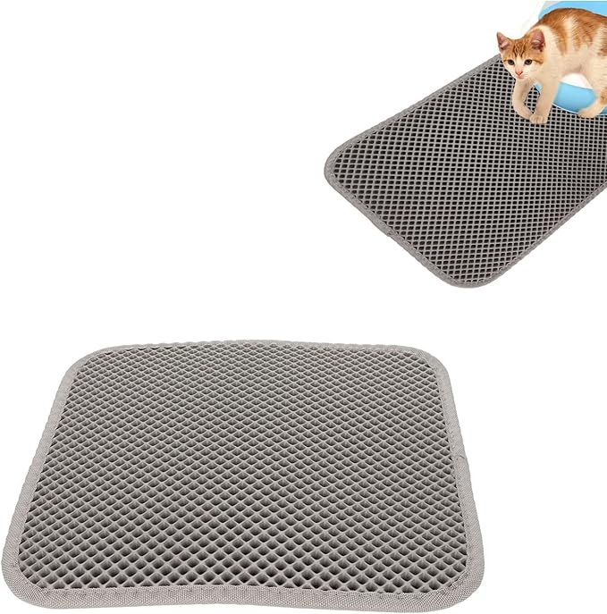 ASHATA Cat Litter Mat, Double Layer Design Urine Proof Trapper Mat for Litter Boxes, Double Layer EVA Litter Trapping Mat for Kitten, Easy to Clean Scatter Control (Grey)