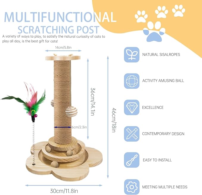 Wood Cat Scratching Posts, Cat Tree Scratching Post with Cat Interactive Toy, Easy Installation Cat Tower for Small Cat (18In)