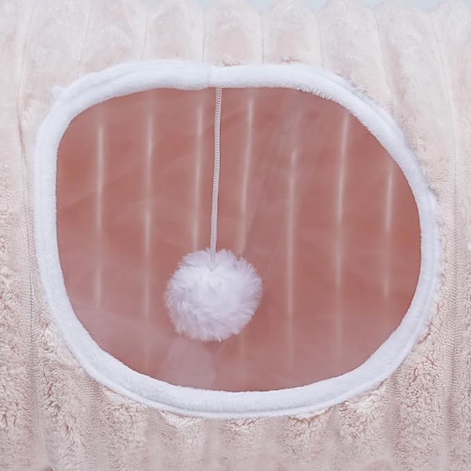 Luxurious Cat Tunnel,43" Straight Cat Tunnel Bed with Balls,Cat Toys for Indoor Cats,Collapsible Peekaboo Cat Cave for Kitten Toys（Pink Stripe）