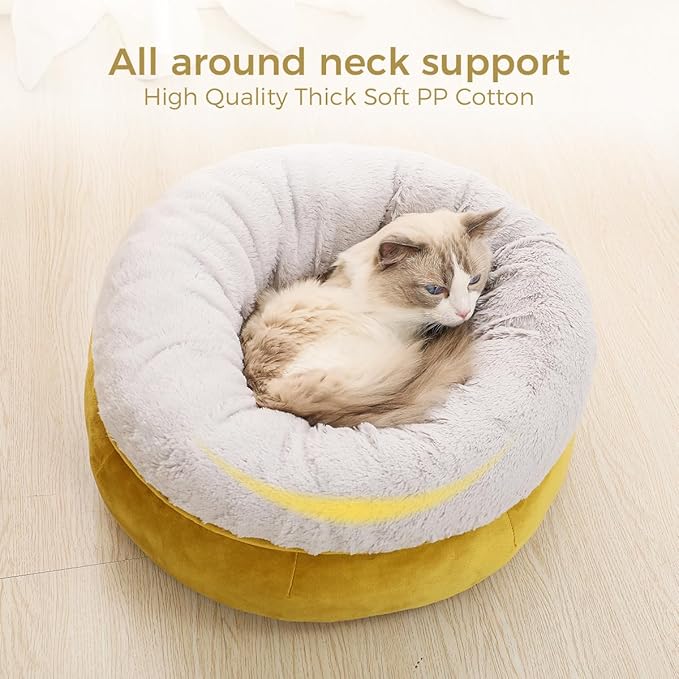 Cat Bed for Indoor Cats,Round Cat Bed for Small Pets,Washable Pet Bed with Non-Skid Bottom,Pet Bed for Puppy and Kitty,19 Inches,Yellow