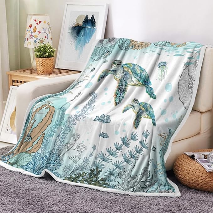 Turtle Blanket Funny Seashell Coral Beach Themed Throw Blankets, Farmhouse Sea Ocean Lightweight Soft Fleece Cozy Fleece Throw Blanket All Season Cozy Soft Lightweight Couch Sofa Bed Bedding