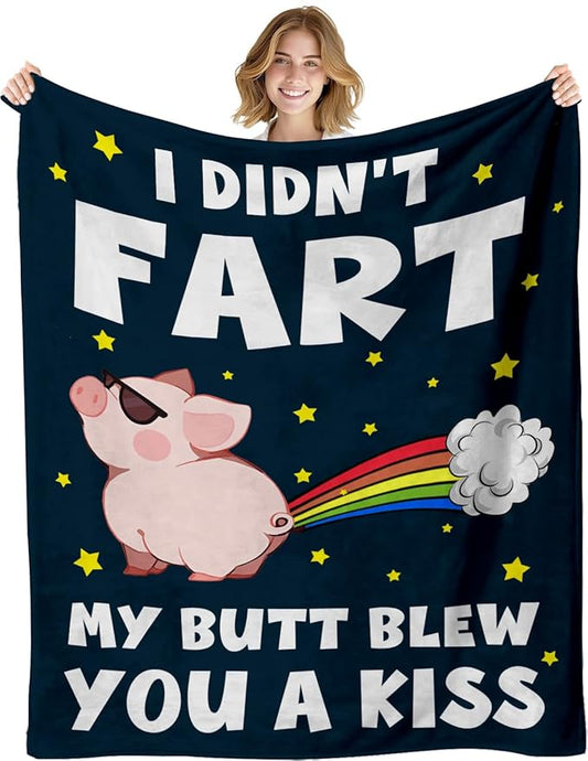 Pink Pig Throw Blanket 50"x60", I Didn't Fart My Butt Blew You a Kiss Funny Piggy Gifts, Cool Pigs in a Blanket for Pig Lovers, Piggy Birthday Party Decorations for Kids Boys Girls Women