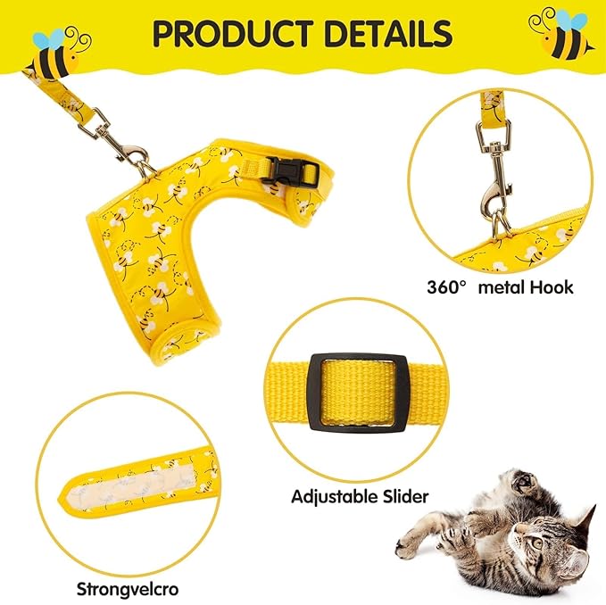 BINGPET Cat Harness with Leash and Collar for Walking - Escape Proof with 59 Inches Leash - Adjustable Soft Vest Harnesses for Medium Large Cats Bee