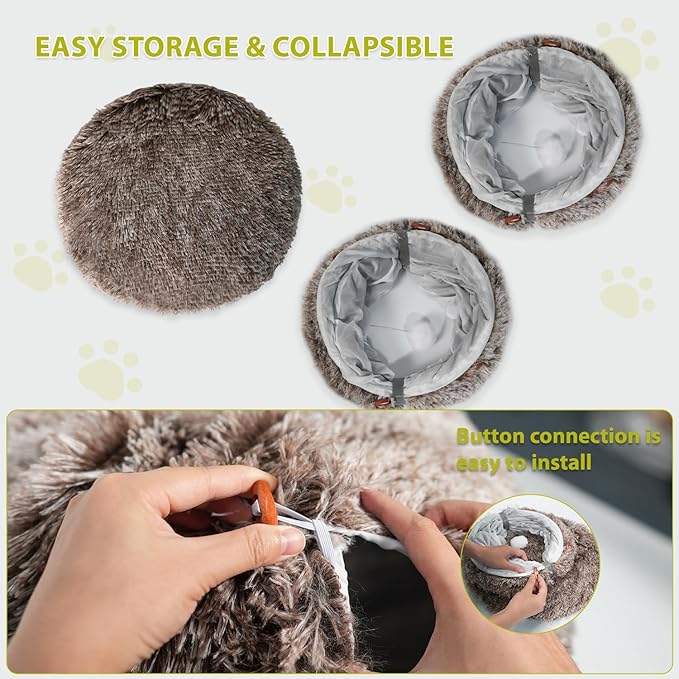 KOMUSMO Cat Tunnel Bed with Central Mat and Hanging Ball Toy, Multifunctional Large Cat Bed Cave Donut for Indoor Cats, Soft Plush Fluffy Collapsible Peekaboo Cave for Small Medium Large Cats Kittens