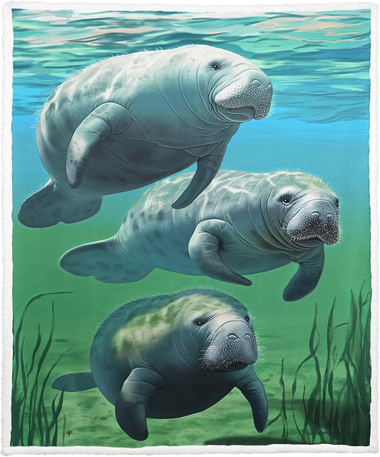 Manatee Family Sherpa Blanket, Animal Print Fleece Throw Blankets for Couch Sofa Bed, Super Soft Warm and Lightweight, 50" x 60"