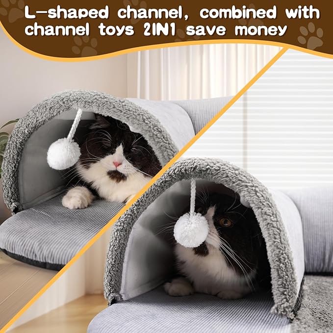 Cat Tunnel Bed for Indoor Cats, 2in1 Cat Bed and Tunnel Cat Toys,27.55IN Large Size Cat Carpet Tunnel Suitable for All Seasons, Detachable, Washable for Cats and Small Pets&Grey