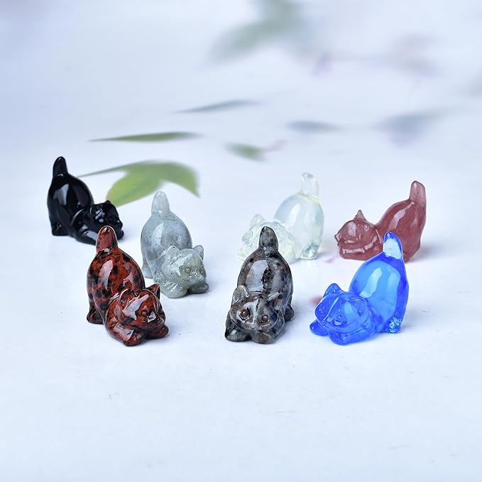 Blue Opal Cat Crystal Statue Healing Crystal Reiki Meditation Pocket Gem Guardian Sculpture Home Study Table Desk Decor Collection Gift for Loved Ones
