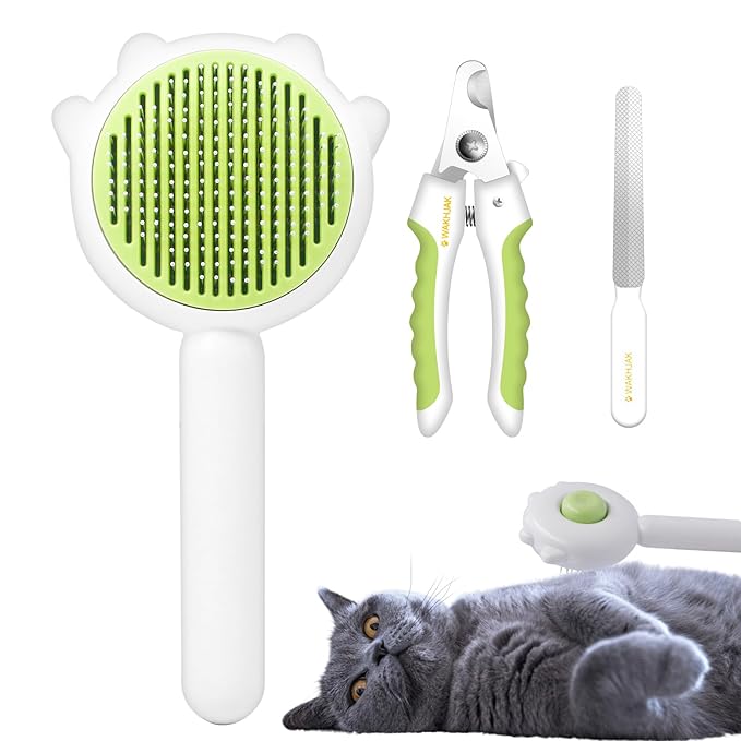Cat and Dog Grooming Brush - Pet Hair Cleaner With Release Button, Self-Cleaning Massager for Short & Long Haired Cats and Dogs (Green)